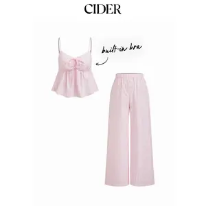 Cider Cotton-blend V-neck Stripe Bowknot Cami Top & Mid Rise Wide Leg Trousers Loungewear Set