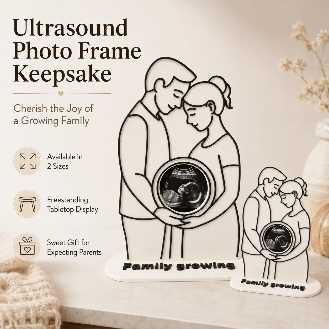 Ultrasound Photo Frame for Expecting Parents, Family Growing Sonogram Picture Frame Keepsake, Pregnancy Announcement & Baby Shower Gift, Freestanding Couple Nursery Decor