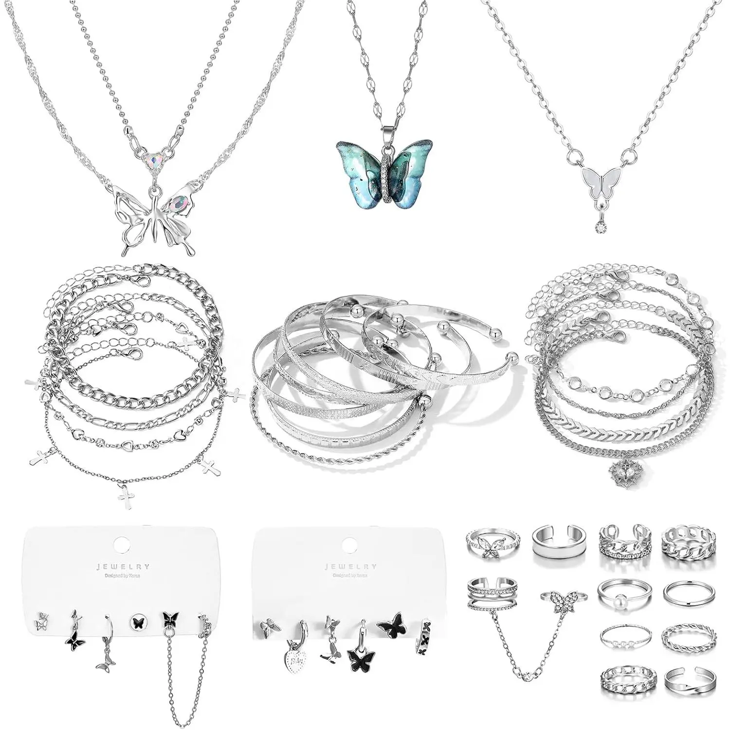 Silver Plated Jewelry Set for Women, Vintage Boho Multi-Piece Collection with Butterfly Accents & Bling Effect, Includes Hypoallergenic Necklaces, Rings, Anklets & Stud Hoop Earrings, Best Friends, Earring Stack
