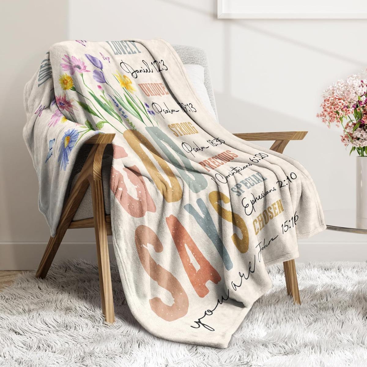 Christian God Says Scripture Floral Blanket | Inspirational Religious Gift | Perfect for Birthday Christmas Baptism Confirmation | Cozy Soft Throw for Mom Sister Friend Her