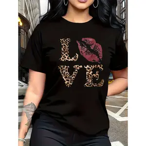 100% cotton, leopard print "LOVE" red lips pattern print, fashionable and breathable T-shirt, suitable for family trips, campus activities, casual sports, daily commuting, matching outfits for sisters, versatile T-shirt