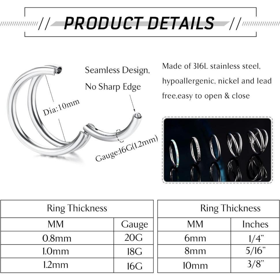 FLORIDECO 5Pcs 18G & 16G Surgical Steel Nose Rings, Hoops for Women & Men, Clicker Septum Hinged, Lip Nose Rings, Hoop Earrings & More