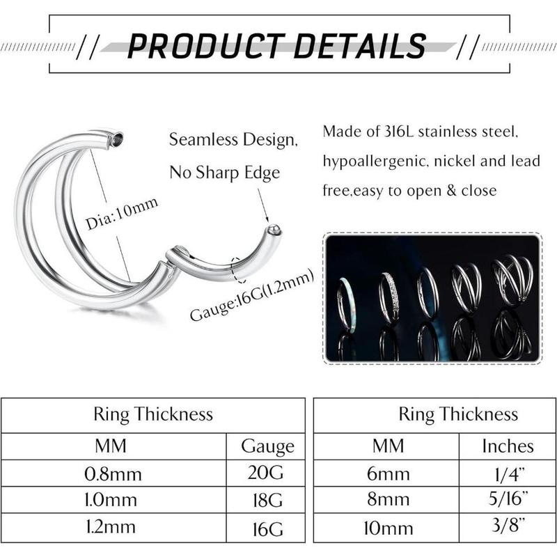 FLORIDECO 5Pcs 18G & 16G Surgical Steel Nose Rings, Hoops for Women & Men, Clicker Septum Hinged, Lip Nose Rings, Hoop Earrings & More