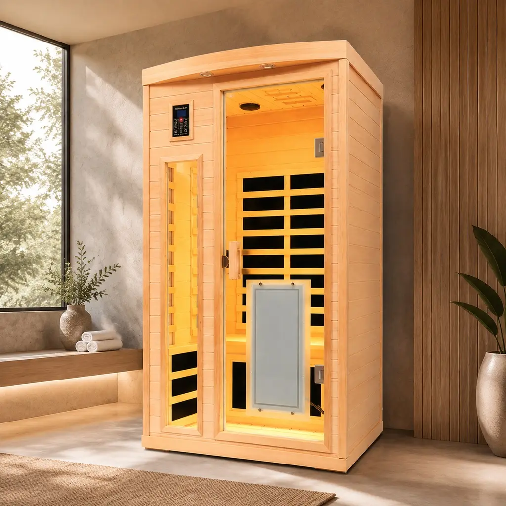 ARCH Hemlock Wood Far-Infrared Indoor Two-Person Sauna Room with Low EMF, 8 Heating Panels, LCD Touch Control, Bluetooth Audio, LED Reading Light, Natural Wood Finish, 47.24x43.00x75.67 Inch, 1750W, 120V, 60Hz, for Home Spa and Relaxation, Adult, Rectangl