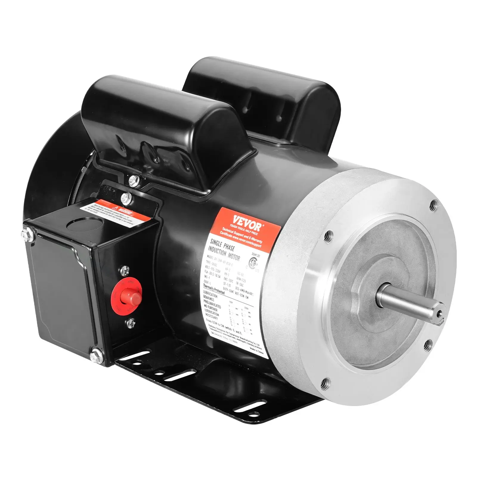 VEVOR 2HP AC Electric Motor with AC Power Supply, 1725 rpm, 115V/230V, 56C Frame, 5/8" Keyed Shaft, CW/CCW Rotation, Single-Phase for Air Compressors, Agricultural Machinery, General Equipment