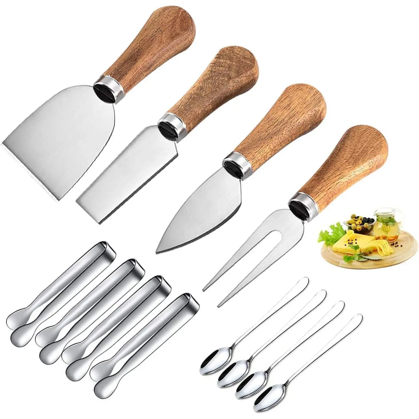 4 Pieces Cheese Knife Set with Wooden Handles Stainless Steel Cheese Knives, Cheese Spreaders, Butter Knife, Mini Serving Tongs, Forks, Charcuterie Board Accessories for Party, Wedding, and Christmas