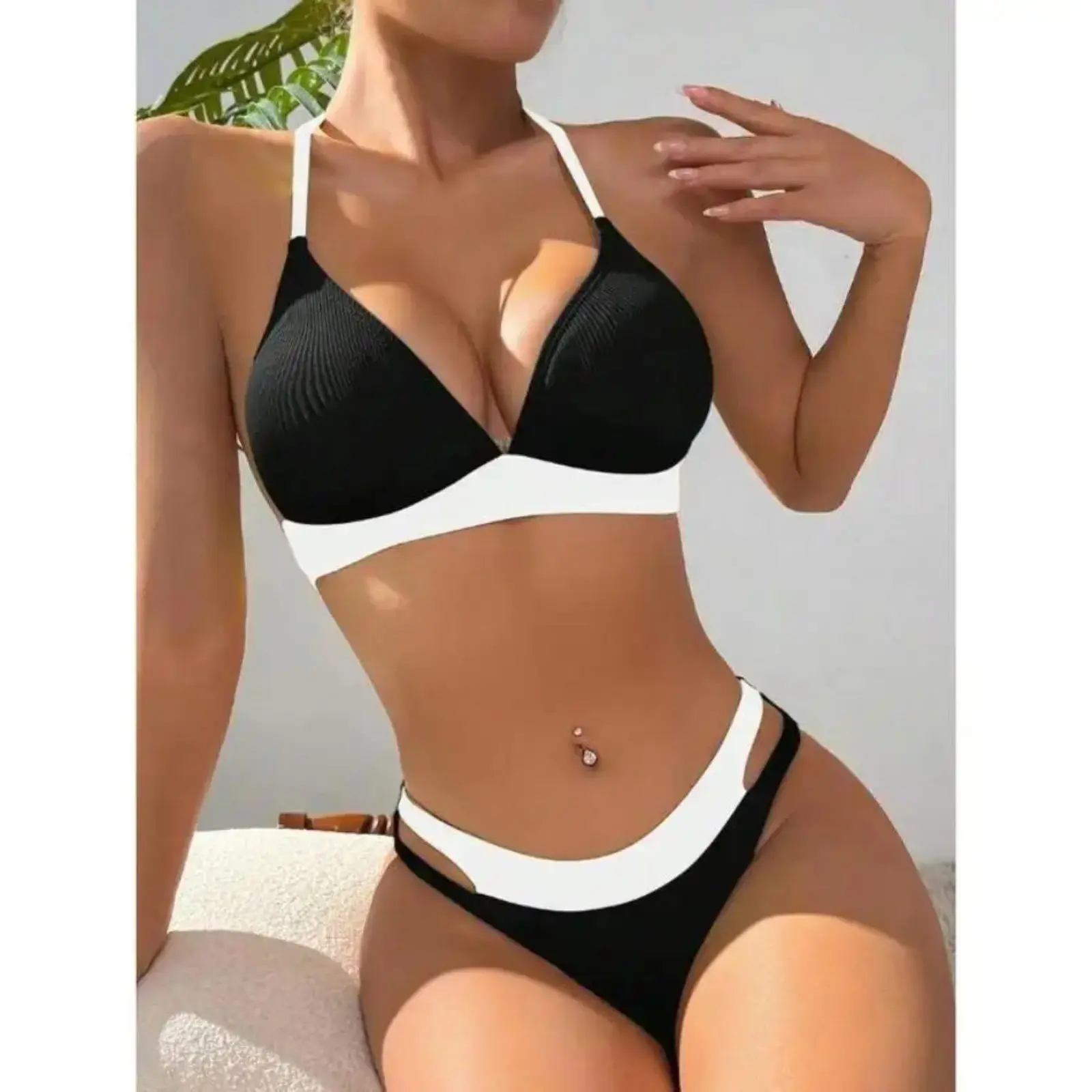 2026 Women Bikini Two Piece Contrast Color Patchwork Swimsuit Modern Clean Lines Comfort Fit UV400 Bathing Suit for Summer Beach Vacation