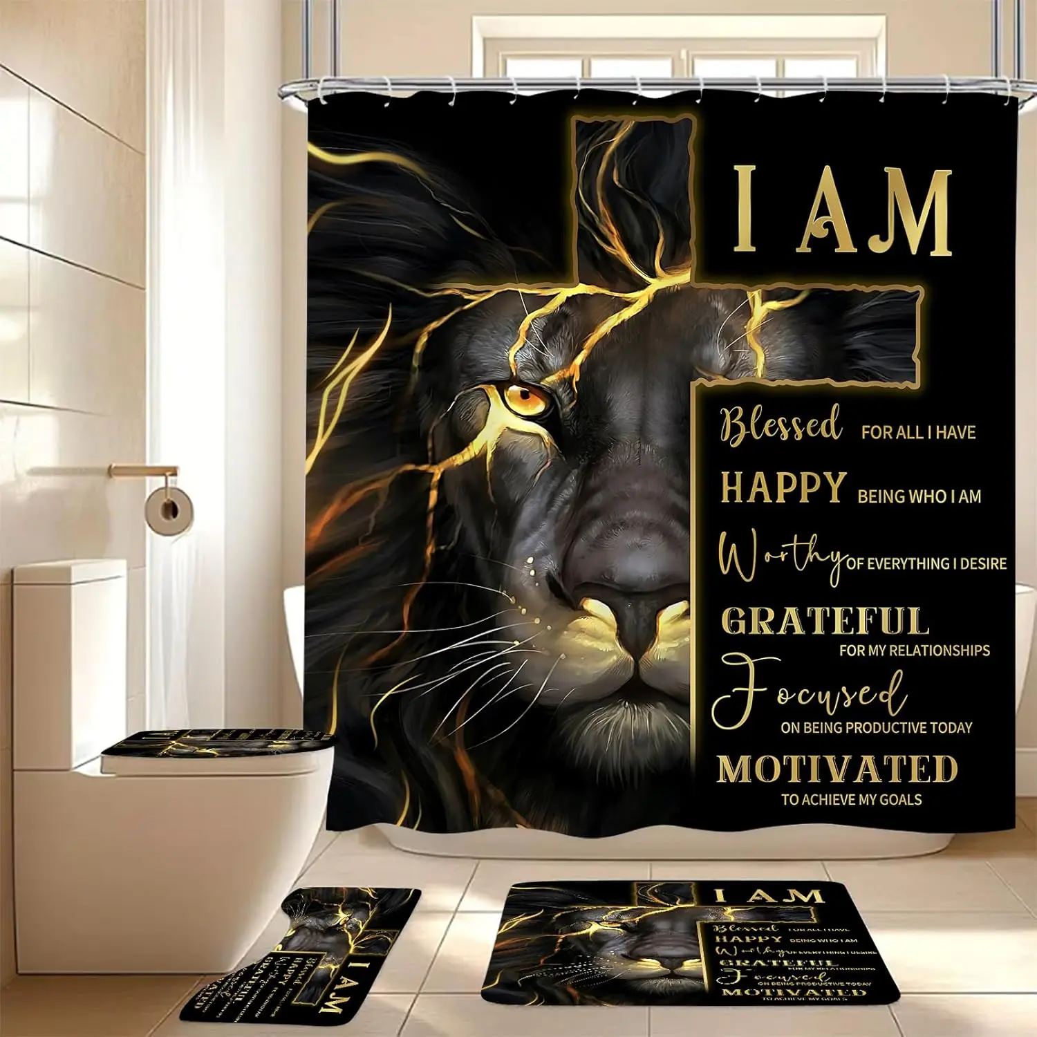 Gold Cross and Lion Shower Curtain Set with Rugs and Toilet Lid Cover, Black Gold Lion Shower Curtain Waterproof Bathroom Set, Inspirational Quotes Shower Curtain Bathroom Decor Set Accessories