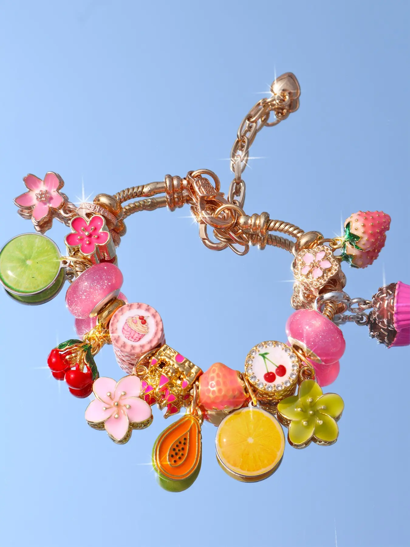 Cute Fruit Charm Bracelet, DIY Cherry Strawberry Papaya Sakura Bracelet, Simulation Food Fruit Charm, Perfect for Cake Lovers