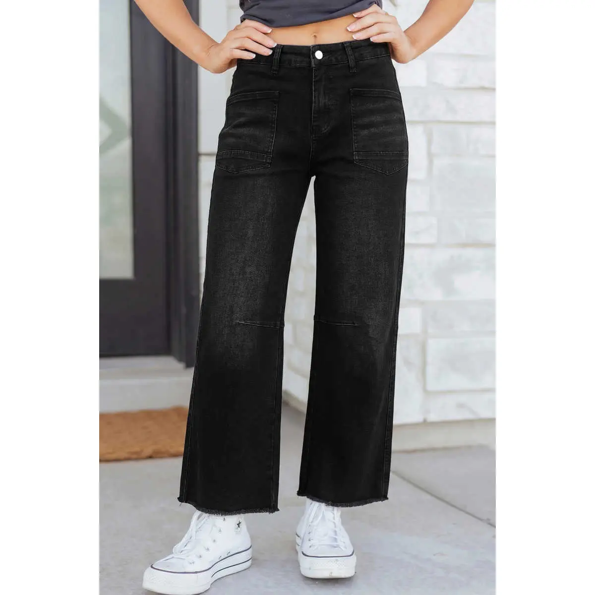 Women's High Waisted Barrel Jeans, Loose-Fit Cropped Denim in Stretchy Cotton Elastane Blend, Streetwear Fashion Apparel with Frayed Raw Hem