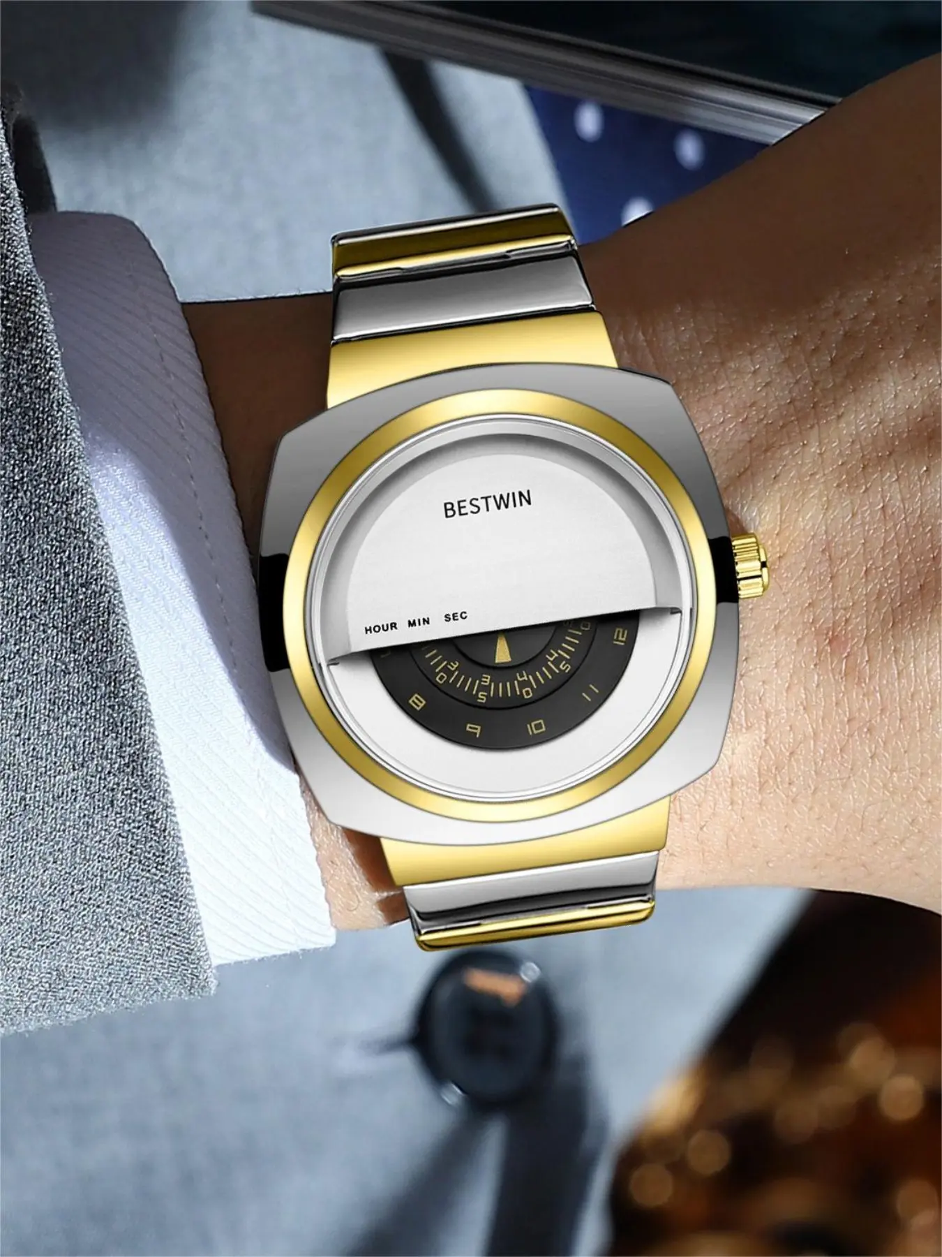 Bestwin Men's Vintage Square Watch, Silver Color Multi-Color Options, Stainless Steel Strap, Unique Hollow Dial, Business Casual Luxury Quartz Wristwatch
