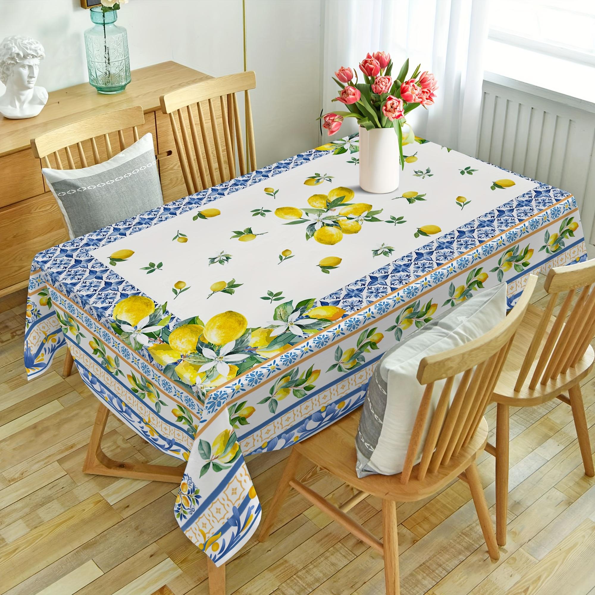Elegant Mediterranean-Inspired Tablecloth with Fresh Lemon & Blue Floral Design - Polyester, Machine Washable for Dining Room, Living Room, Outdoor Decor