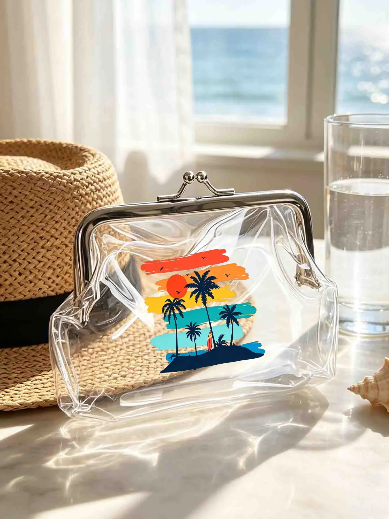 Transparent PVC Mini Coin Purse, Sunset Palm Beach Pattern, Waterproof Metal Frame, Casual All-Season Accessory, Perfect Gift for Friends