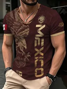 Men's V Neck Short Sleeve T-shirt Burgundy Printed Casual Top Mexican Elements Eagle Snake Pattern Fashion Men's Clothing,, Suitable for leisure and sports scenariosFootball Game Day Casual Outfit For Mexican Fans，Soccer Fan Ethni