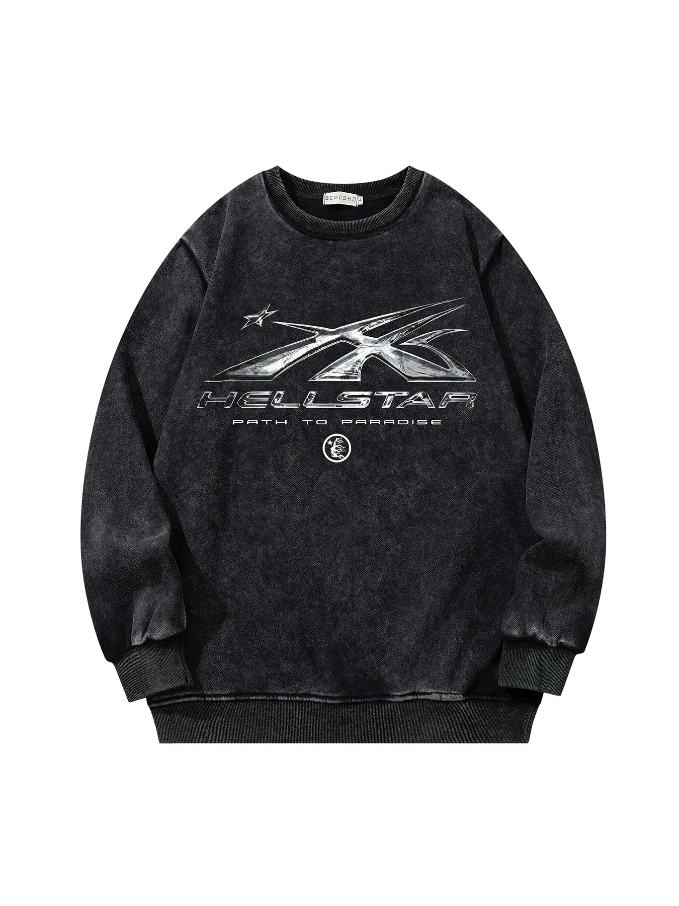 Men's Vintage Classic Dark Feng Shui Washed Tie-Dye Star and Flame Print Sweatshirt, Fall New Fashion Casual Long Sleeve Top, Round Neck Pullover Vibe