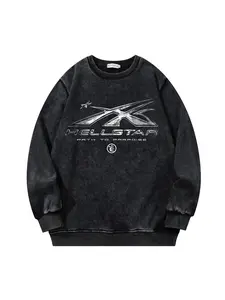 Men's Vintage Dark Feng Shui Washed Tie-Dye Star and Flame Print Sweatshirt, Fall New Fashion Casual Long Sleeve Top, Round Neck Pullover