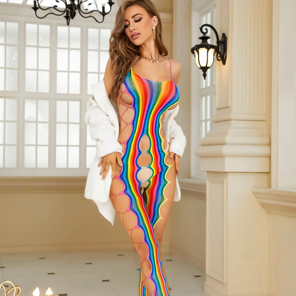 Rainbow Stripe Cutout Fishnet Bodysuit Women Spaghetti Strap Hollow Out Full Body Stockings See Through Mesh Lingerie Stretch Body Suit Nightclub Intimate Outfit
