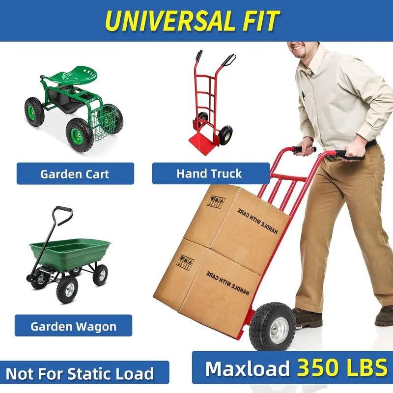 2-Pack 4.10/3.50-4" Flat Free Solid Tire & Wheel Set, 10" Tire Diameter Carbon Steel Synthetic Heavy Duty Build, 5/8" Axle Bore Hole, 2.2" Offset Hub Length, for Hand Garden Cart Dynamic Loads Replacement