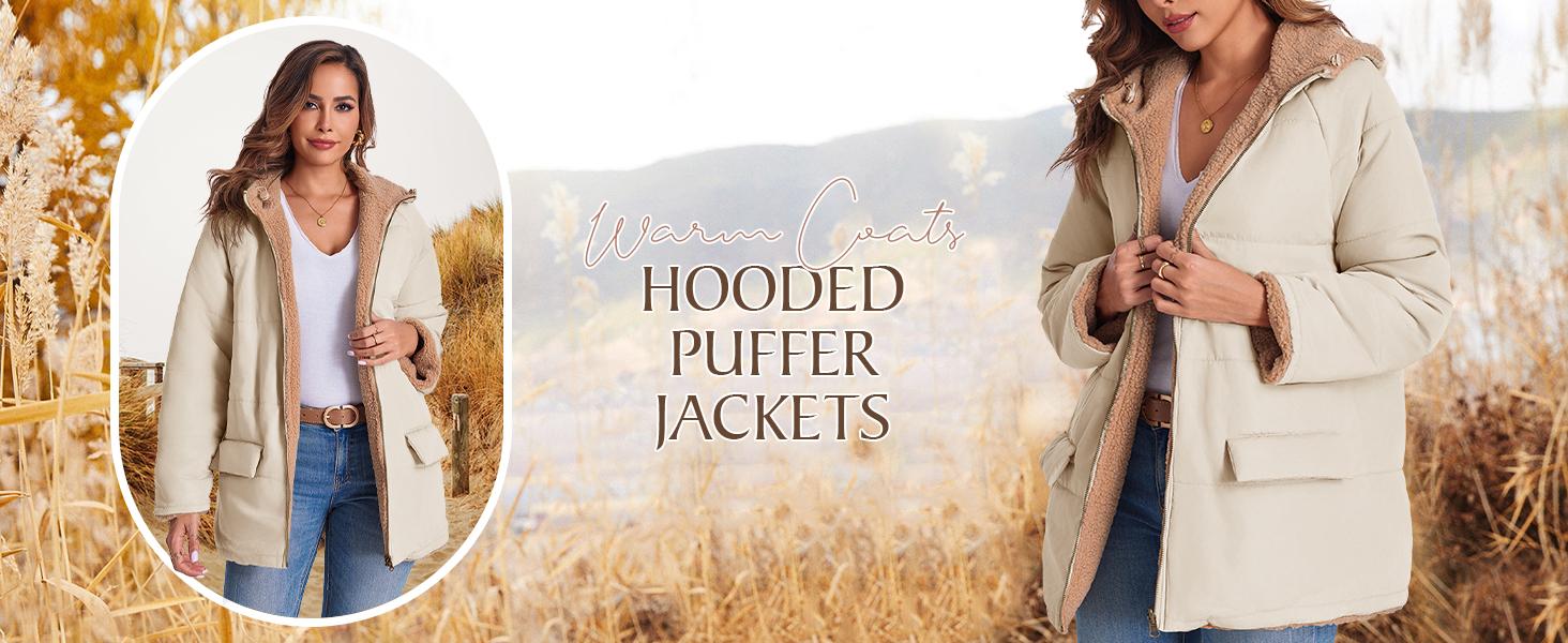 FMEYOA Womens Reversible Puffer Jackets Sherpa Lined Fleece Winter Coats Casual Zip Up Hooded Warm Outerwear