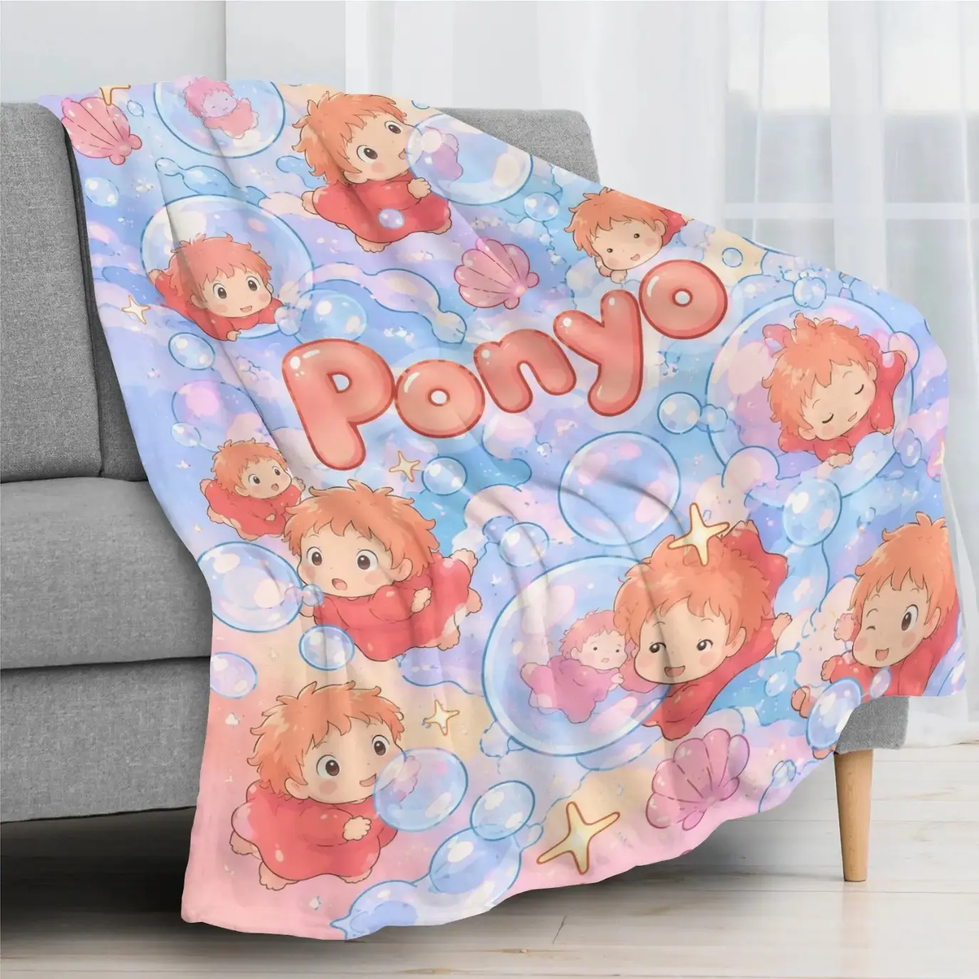 Ponyo Cartoon Printed Flannel Throw Blanket, Cute Anime Inspired Soft Cozy Fuzzy Blanket, Warm Plush Decorative Blanket for Sofa Couch Bed Bedroom Travel, Lightweight Home Decor Gift for Kids Teens Adults, Cartoon Lover Essential