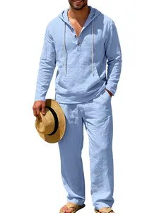 Men's Four-Season Linen Casual Loose-Fit Hawaiian Holiday Henry-Neck Hooded Long-Sleeved Top and Trousers Set