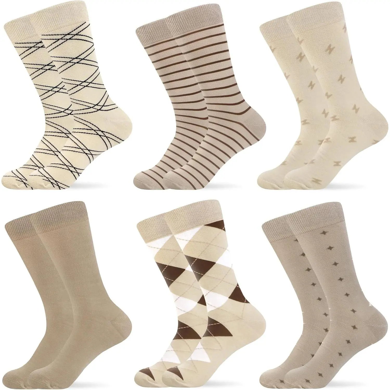 Men's Patterned Dress Socks - 6/12 Pairs Seamless Cotton Crew Socks for Business, Office & Daily Wear