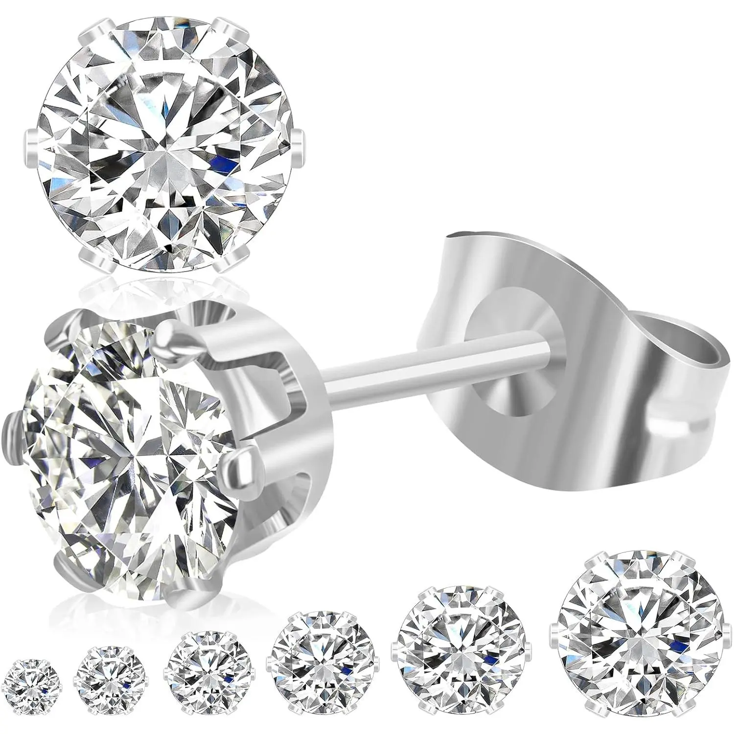 6 Pairs Stud Earrings for Women Men,   Stainless Steel Studs Set |  6 7 8mm, Cubic Zirconia, 14K  Plated, , Flat  Earrings for  Ears,   Idea