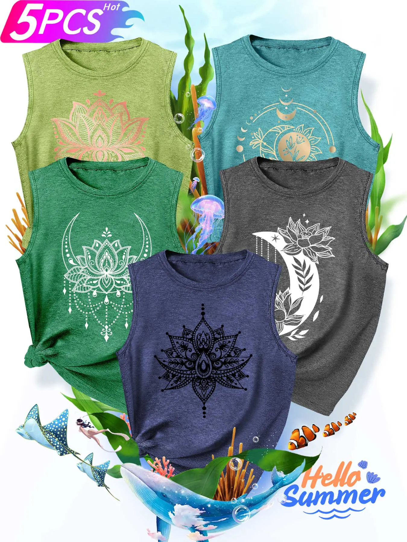 5PCS Women's Crew Neck Tank Top, Elegant Lotus & Moon Mystical Aesthetic Print, multi-color, washable, soft summer top