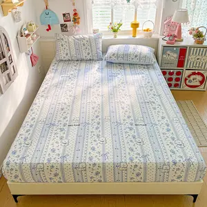 3pcs Blue Floral Bed Sheet Set, Soft Fabric, Dustproof & Non-Slip, Includes 1 Fitted sheet+ 2 Pillowcases, Single Double Queen, Bed Linens