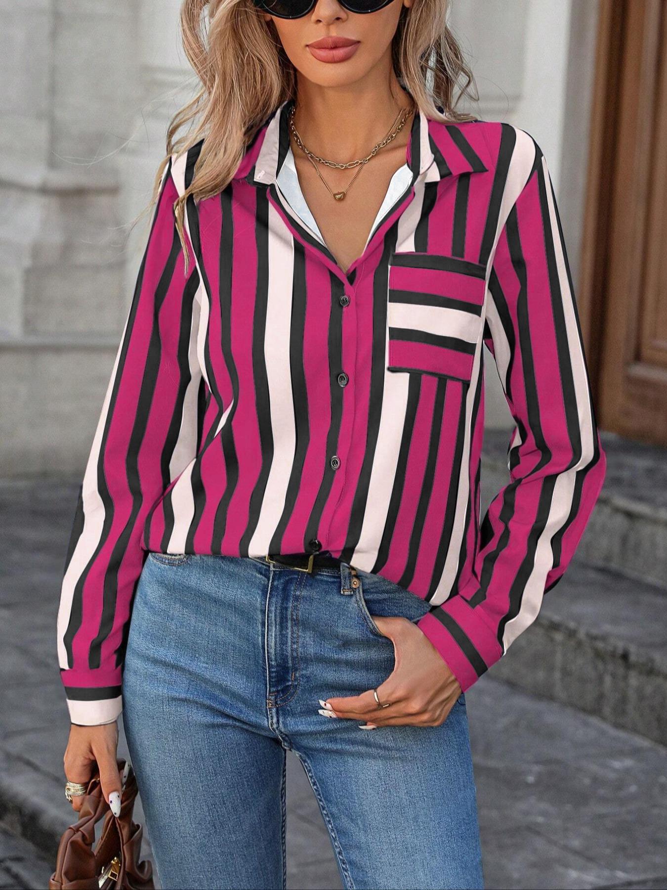 Plus Size Women's Casual Fitted Long Sleeve Shirt, Button Design, Pockets and Striped Pattern, Fashionable and Comfortable Daily Wear
