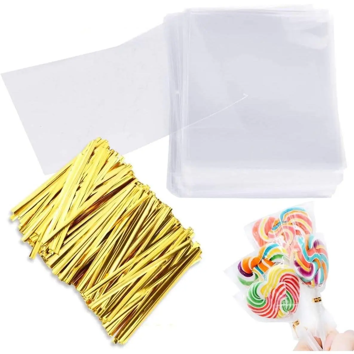 Cake Pop Bags, 300 Pcs Cellophane Treat Bags 3x5 with 300 Twist Ties 1.4 mils Thickness OPP Plastic Bags for Lollipop Candy Chocolate Cookie Wrapping Buffet