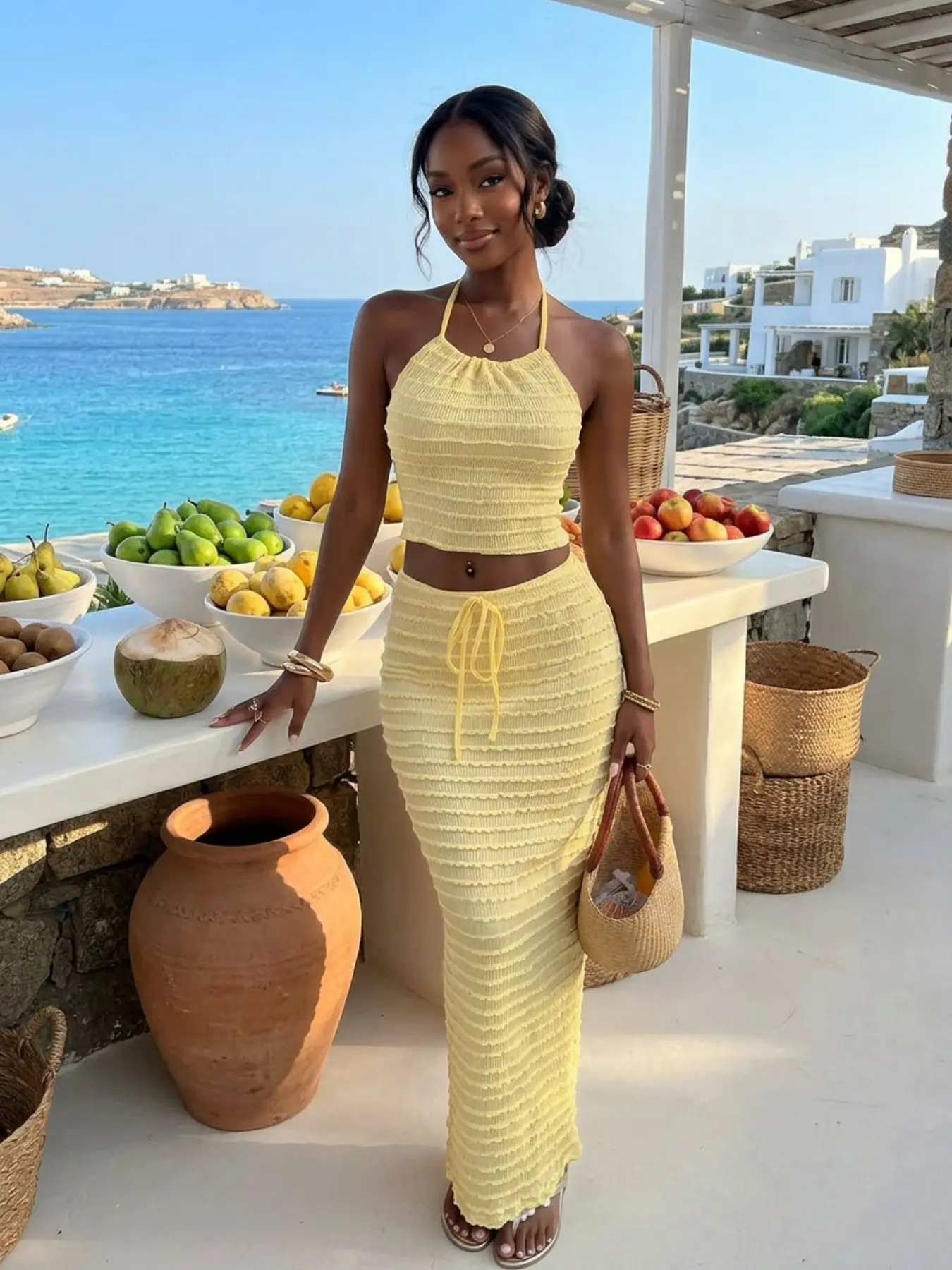 Women's Summer Halter Neck Ruched Crop Two-Piece Set, High-Waisted Slim Fit Long Skirt, Perfect for Casual Island Vacations and Daily Outings