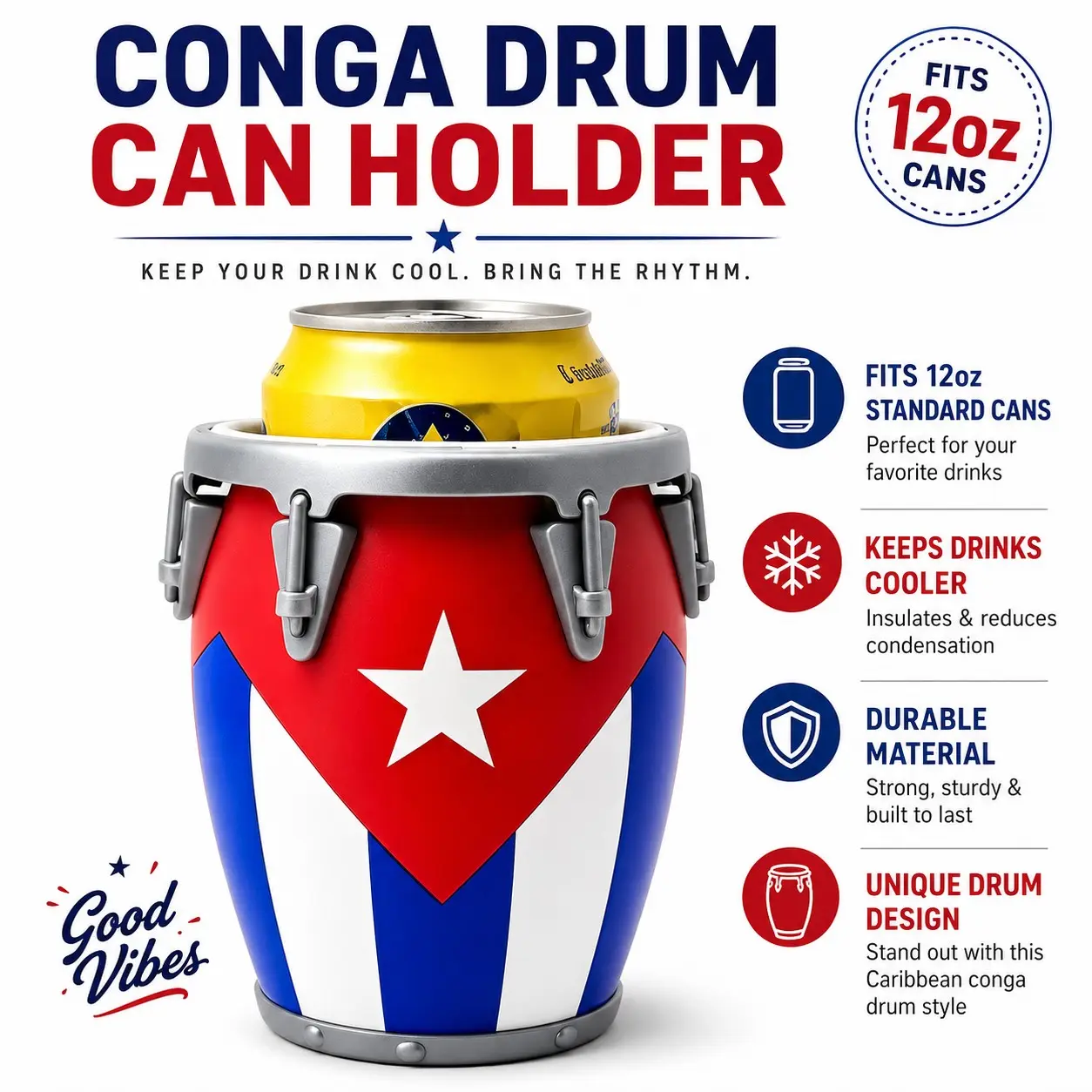 Puerto Rico Conga Style Can Holder, Caribbean Drum Beer Sleeve for 12oz Cans, Tropical Beverage Holder for Beach BBQ Parties
