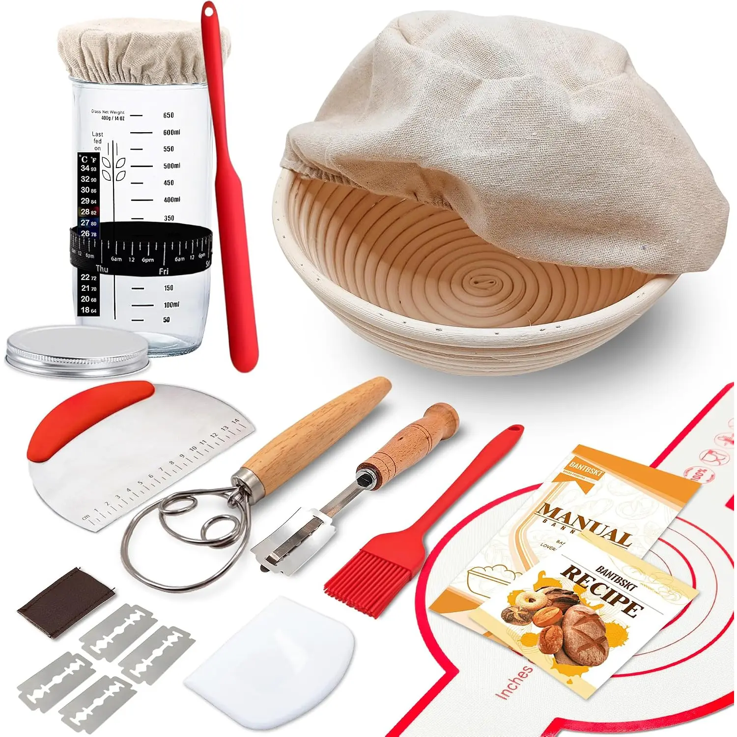 Complete Sourdough Starter Kit, 9'’ Proofing Basket, Sourdough Starter Jar