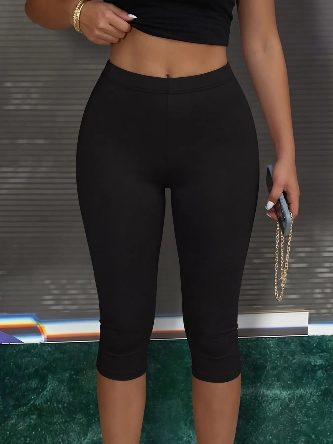 Women's Black Capri Body Sculpt Leggings Knee Length Biker Shorts Slim Fit Stretchy Bodycon Yoga Pants Side Slit Hem Workout Running Gym Form Fitting Activewear Casual Lounge Pants Y2K Sporty Streetwear Cropped Leggings