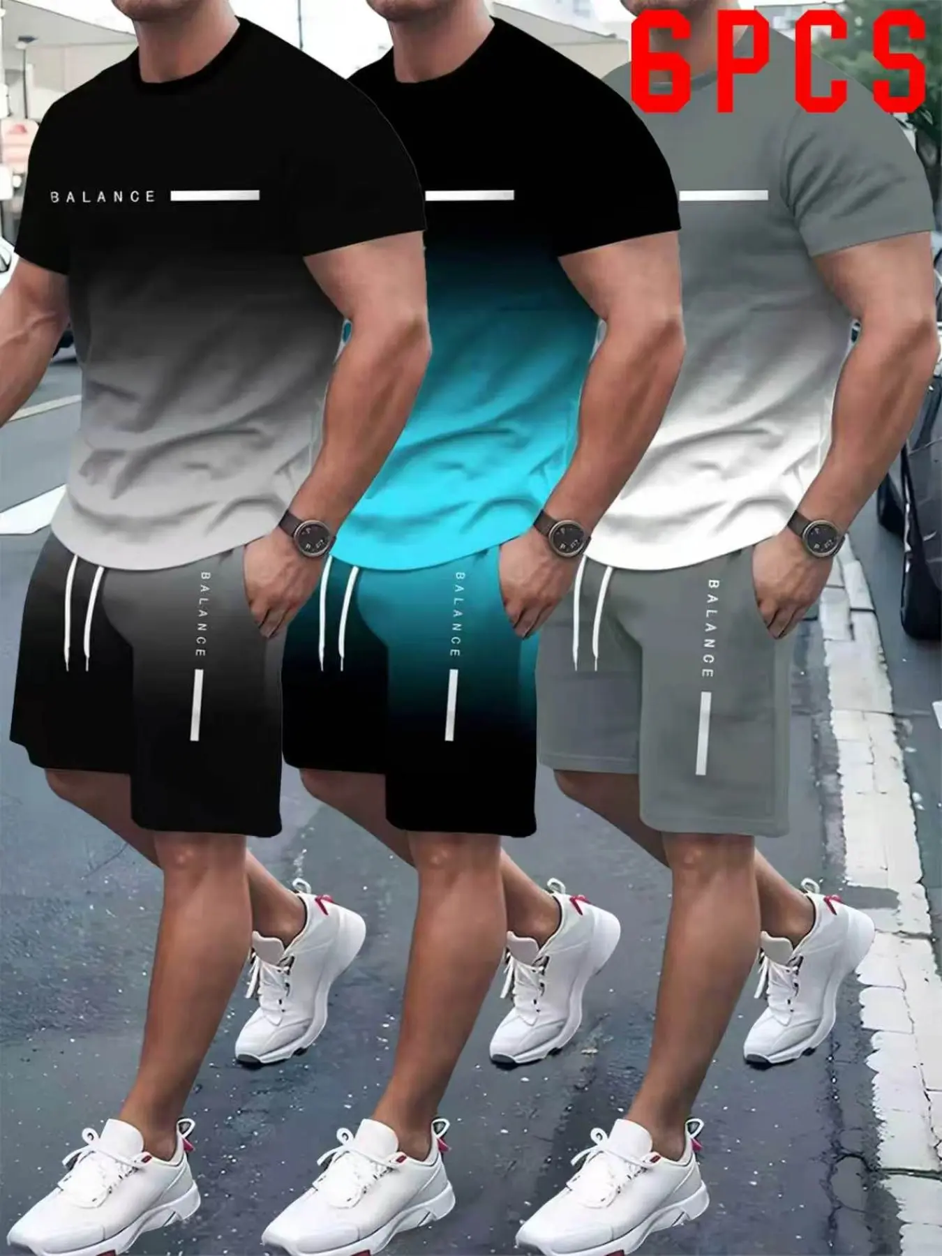 6-Piece Men's Short Sleeve Shorts Set, Gradient Print Casual Sportswear, Trendy Multi-Color, Ideal for Daily Wear & Father's Day Gift