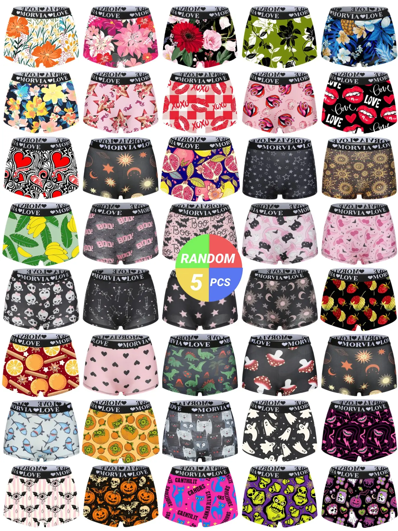 Morvia Random Women's All Over Print Boxer Brief, Breathable Comfortable Underwear for Daily Wear, Casual Panties, Women's Underwear for All Seasons, Panties