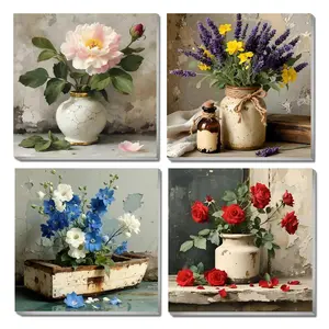 4pcs Paint By Numbers Kit for Adults Beginners -20x20cm / 8x8in Color Canvas, Easy DIY Assorted Flowers Acrylic Painting Set - Wall Decor for Living Room and Bedroom, Creative Gift for Birthday, Mother's Day and Christmas, Without Frame