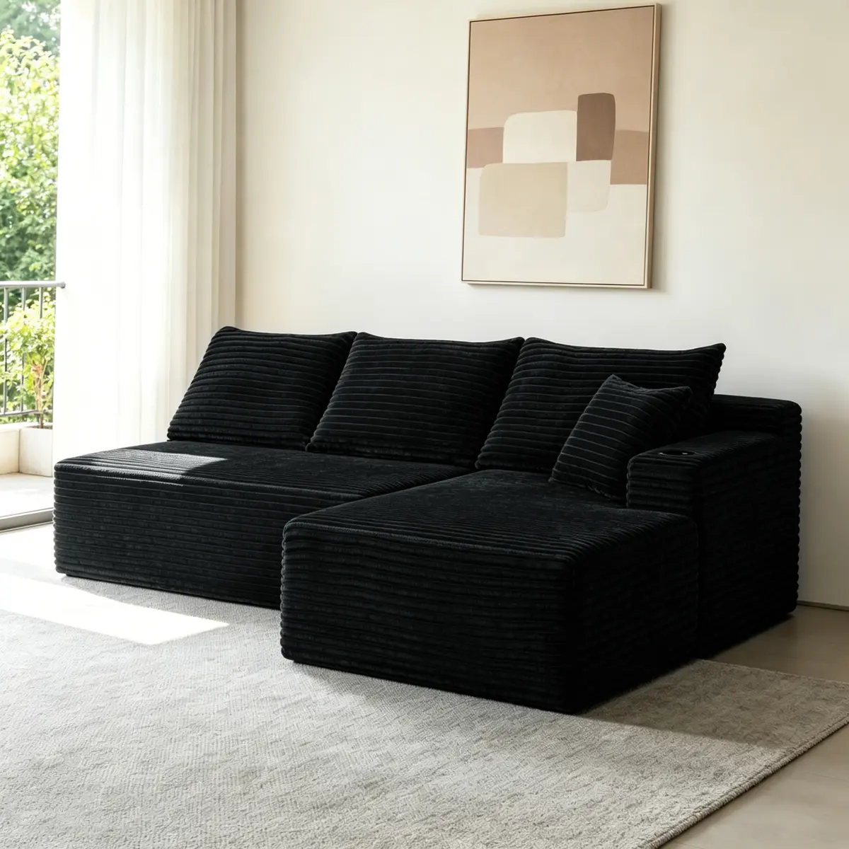 96x66 in Minimalist Corduroy Cloud L-Shape Chaise Sectional Sofa, Modern Modular Deep Seat Couch with Cup Holder, No-Assembly Indoor Living Room Furniture, Black
