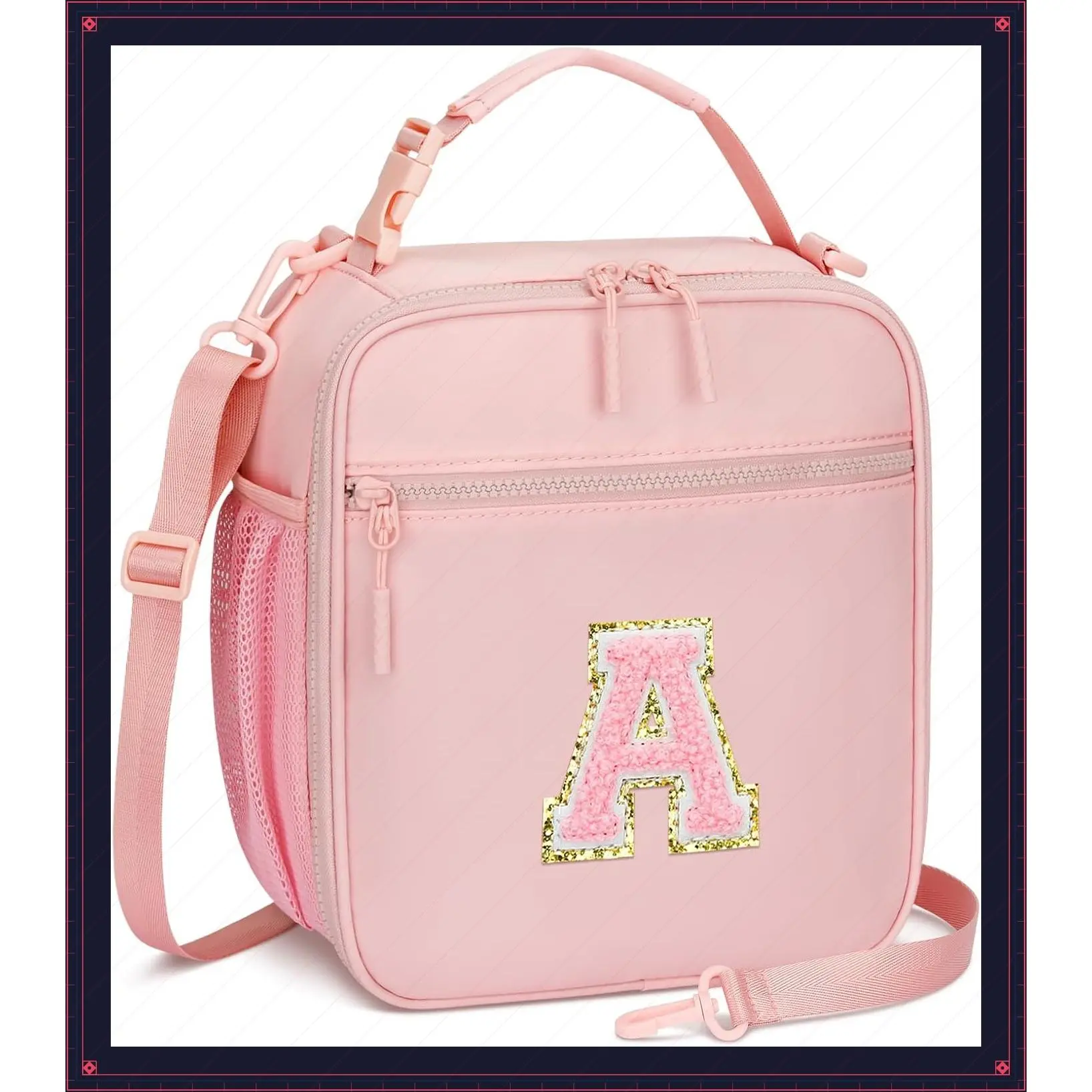 Large Initial Insulated Lunch Bag for Girls – Leak-Proof Reusable Toddler Lunchbox with Adjustable Strap for School, Daycare, Travel, Picnic & Back to School Gift, Pink-AGift