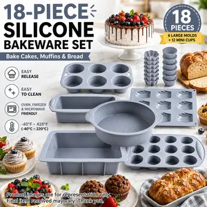 18PCS Silicone Bakeware Set, Multipurpose Baking Mold Kit with Cake Pans, Loaf Pan, Madeleine Pan & Pudding Molds, Nonstick Baking Tools for Cakes, Bread, Muffins and Desserts