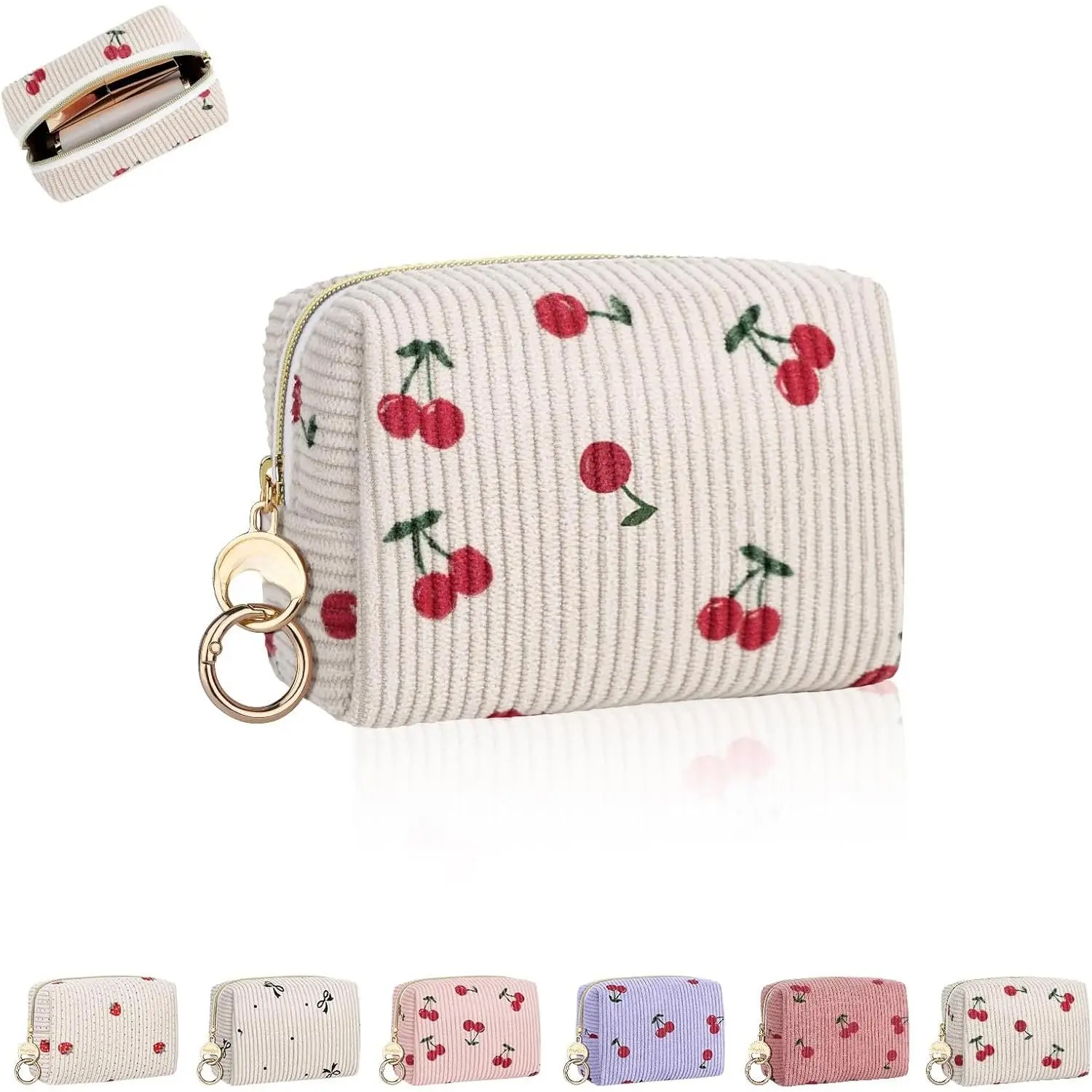 Mini Makeup Bag, Corduroy Small  Bag for Purse, C-Beige | Cute Cherry Travel Pouches for Purse for Chapsticks, Earphone, Cards, , , Gifts for Mom/Sisters/