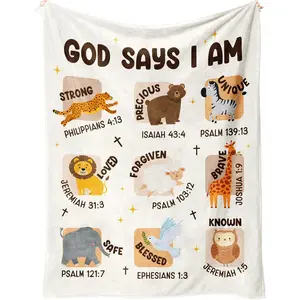 God Says I Am Christian Throw Blanket | Jungle Animal Bible Verse Soft Flannel Throw | Religious Faith Blanket for Home Decor | Baptism Birthday Christian Gift