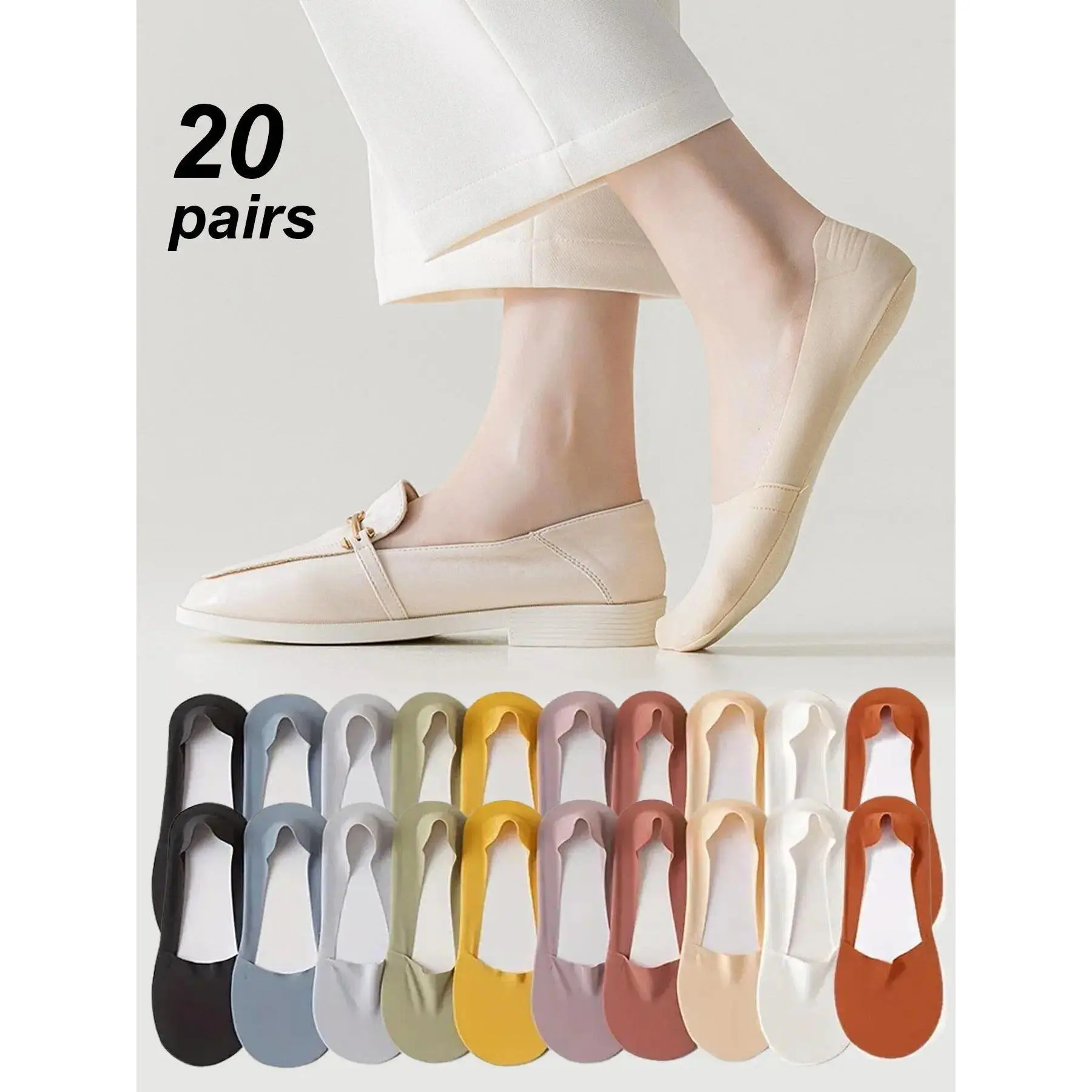 6/10/20-Pairs Women's Solid Non-slip Invisible Socks, Soft Comfy Breathable Casual Socks for Daily Wear, Multipack Low Cut Socks for Women