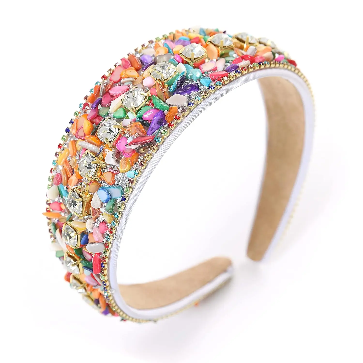 Glamorous Padded Headband with Rainbow Multicolor Crystals, Wide Rhinestone Hair Accessories for Women, Crystal Multicolor