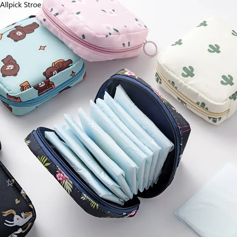 Cute Cartoon Period Pouch, Waterproof Foldable Sanitary Napkin Organizer for Women, Portable Zippered Case for Purse, Compact, Tampon & Pad Holder tiktokshopbacktoschool
