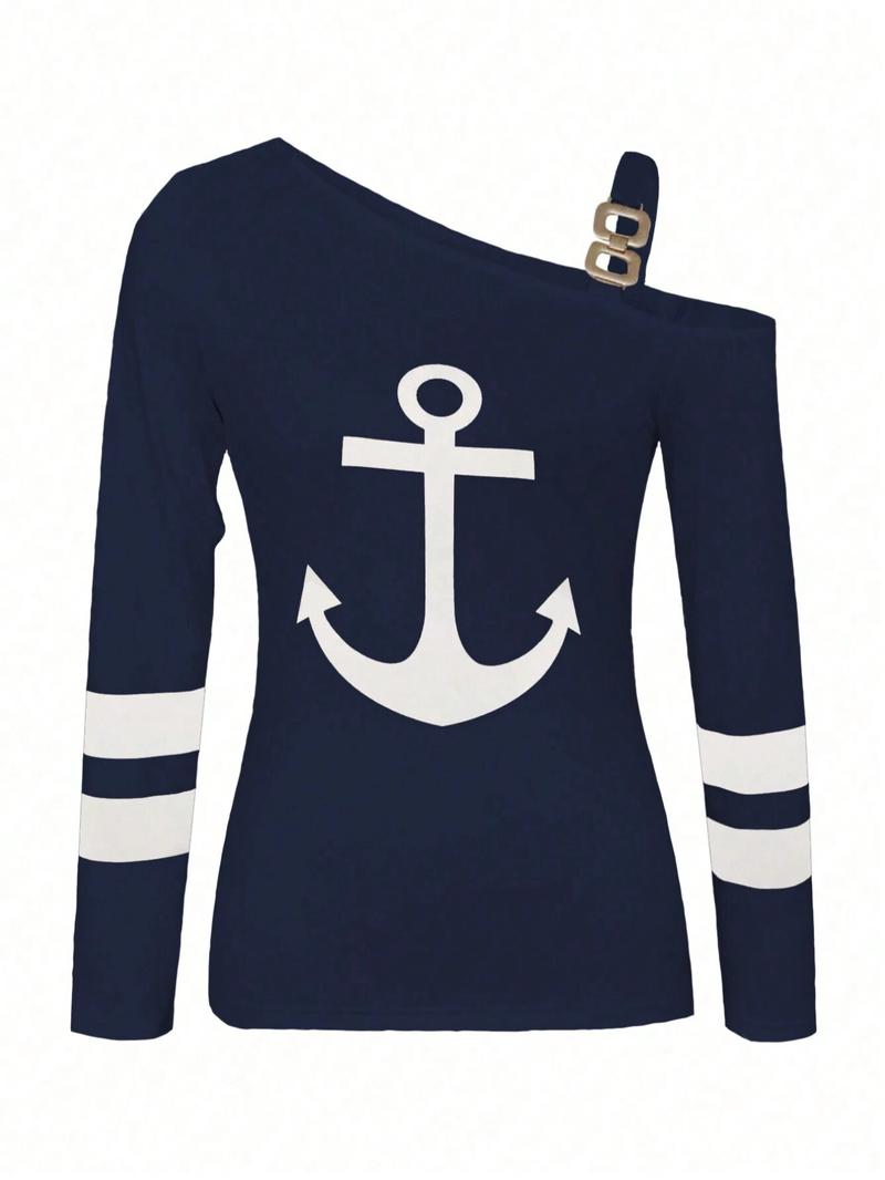 Women's Anchor Print Asymmetrical Neck Tee, Casual Long Sleeve T-shirt for Daily Wear, Ladies Clothes for All Seasons, Clothing