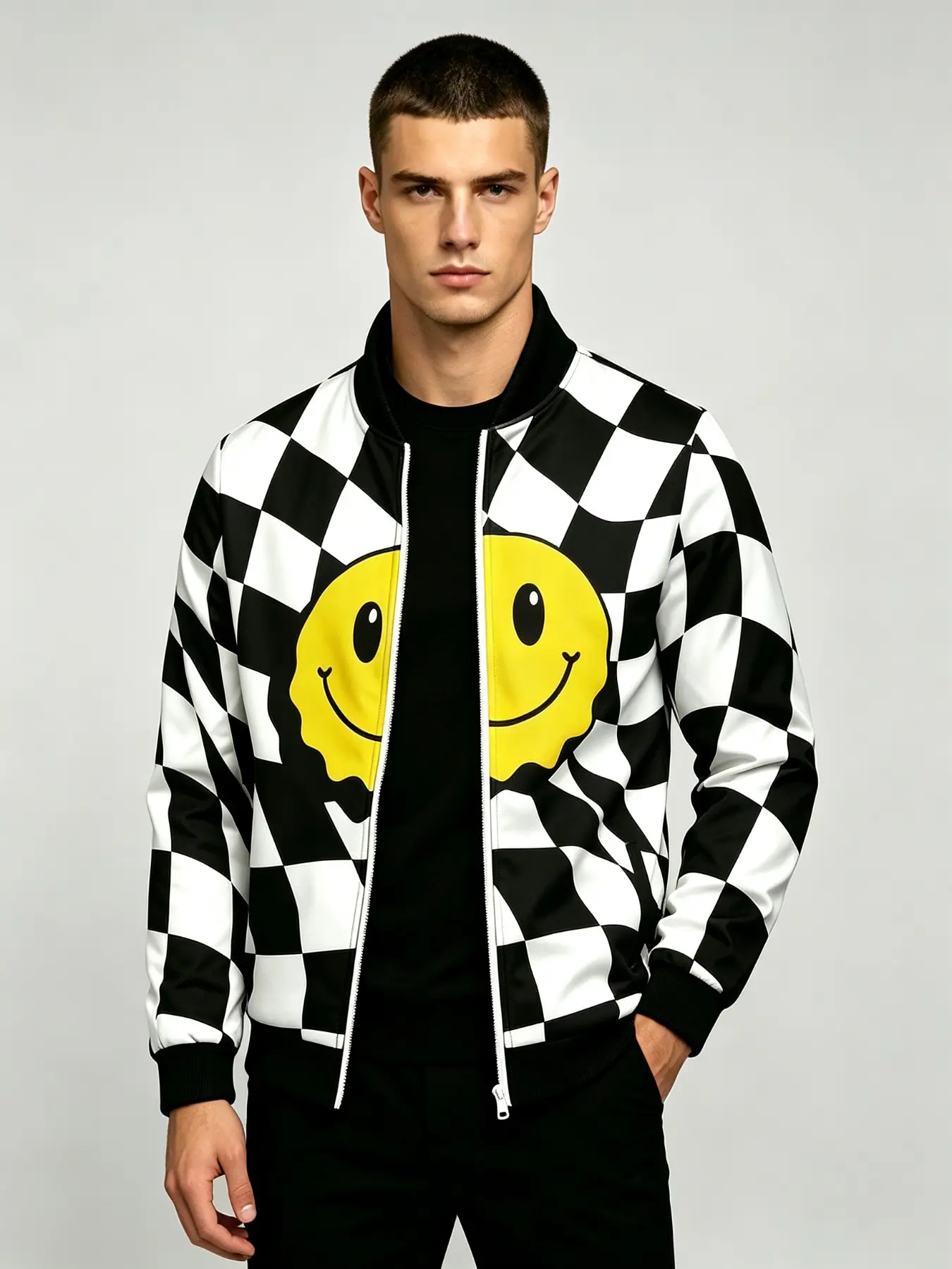 Men Checkered Zip Up Bomber Jacket, Retro Smiley Face Graphic Stand Collar Outerwear, Trendy Casual Lightweight Coat For Street Daily Wear.