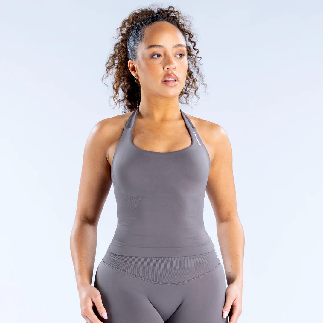 Dfyne Impact Women's Yoga Neckless Top, See-through Style, Long Style Top, Chest Support Pad, High Elasticity, Tight Back, Seamless Design
