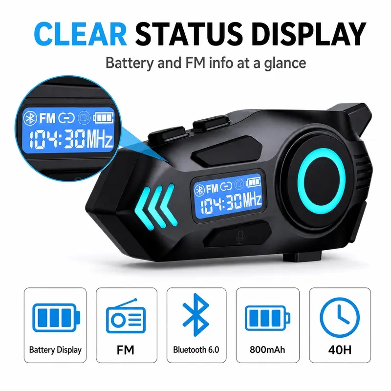 Bluetooth 5.0 Motorcycle Helmet Speaker, Wireless Intercom with Music Sharing, Hands-Free Calls, FM Receiver and IP65 Protection